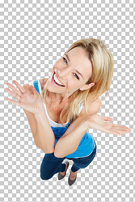 Buy stock photo Happy, excited and portrait of woman on transparent background for smile, carefree and confidence. Pride, happiness and cheerful with female person isolated on png for beauty, natural and positive