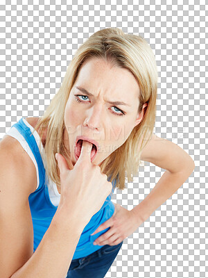 Buy stock photo Disgust, portrait and woman with finger in throat, mouth and funny emoji expression for bad taste, puke gesture or nausea. Comic, vomit and person gag isolated on a transparent, png background