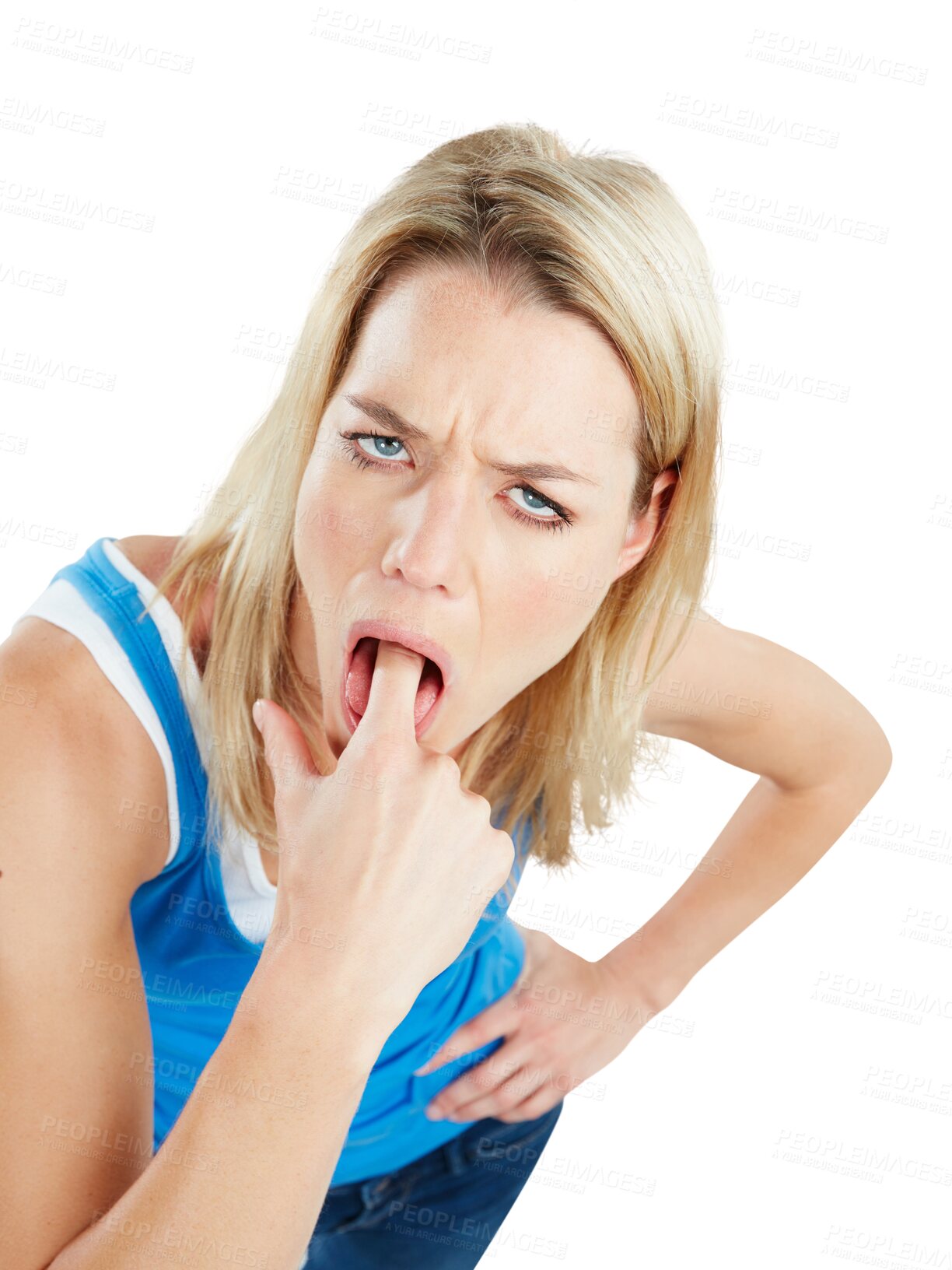 Buy stock photo Disgust, portrait and woman with finger in throat, mouth and funny emoji expression for bad taste, puke gesture or nausea. Comic, vomit and person gag isolated on a transparent, png background