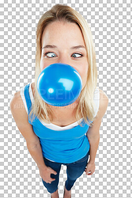 Buy stock photo Funny, face and woman is blowing a ballon at celebration in png or isolated and transparent background. Female person and birthday with bubble or excited for event with emoji, goofy and having fun.