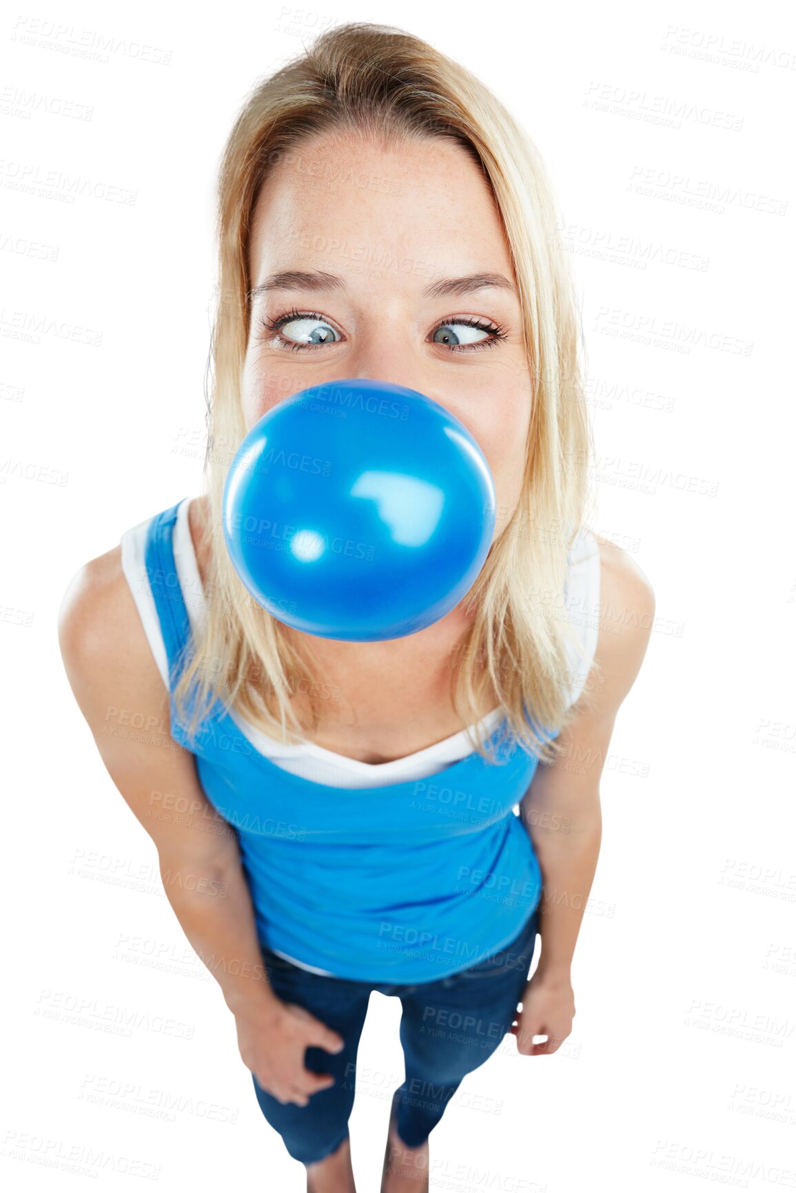 Buy stock photo Funny, face and woman is blowing a ballon at celebration in png or isolated and transparent background. Female person and birthday with bubble or excited for event with emoji, goofy and having fun.