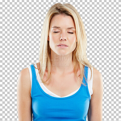 Buy stock photo Tired, burnout and woman sleeping while standing from insomnia, depression or mental health issues. Overworked, exhausted and young female person taking a nap isolated by a transparent png background