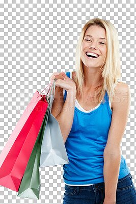 Buy stock photo Shopping, happy and portrait of woman with bag on isolated, png and transparent background. Retail fashion, buying and excited female person with bags for sale, discount and bargain for clothes store