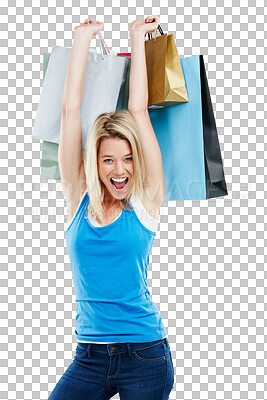 Buy stock photo Shopping, excited and portrait of woman with bag on isolated, png and transparent background. Retail fashion, happiness and happy female person celebrate sale, discount and bargain for clothes store