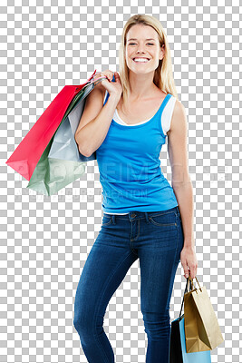 Buy stock photo Fashion, shopping bag and portrait of woman with smile on isolated, png and transparent background. Retail mall, clothes and happy female person for sale, discount and bargain for store promotion