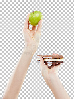 Buy stock photo Chocolate, apple and person hands with food choice of unhealthy candy or healthy nutrition fruit. Health decision, balance diet and nutritionist choose fruits isolated on transparent, png background