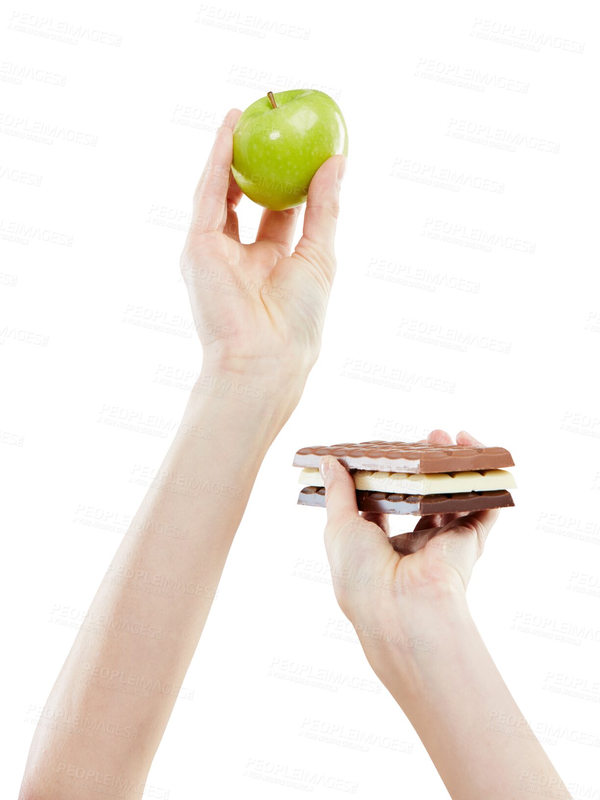 Buy stock photo Chocolate, apple and person hands with food choice of unhealthy candy or healthy nutrition fruit. Health decision, balance diet and nutritionist choose fruits isolated on transparent, png background