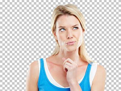 Buy stock photo Thinking, face and brainstorming woman planning ideas, strategy plan or problem solving solution, choice or decision. Doubt, memory and confused female person isolated on transparent, png background