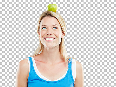 Buy stock photo Apple, head balance and happy woman with healthy food for nutrition, clean eating diet and health choice. Meal, nutritionist and person with fruit benefits isolated on transparent, png background