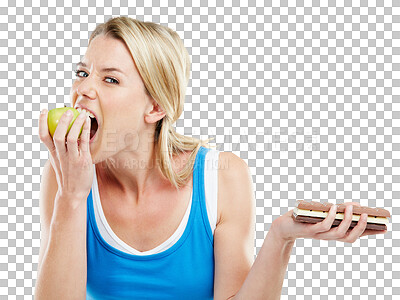 Buy stock photo Chocolate, apple or portrait of woman eating healthy food choice, nutritionist snack or health product. Meal, hungry and person decision for fruits over sweets isolated on transparent, png background