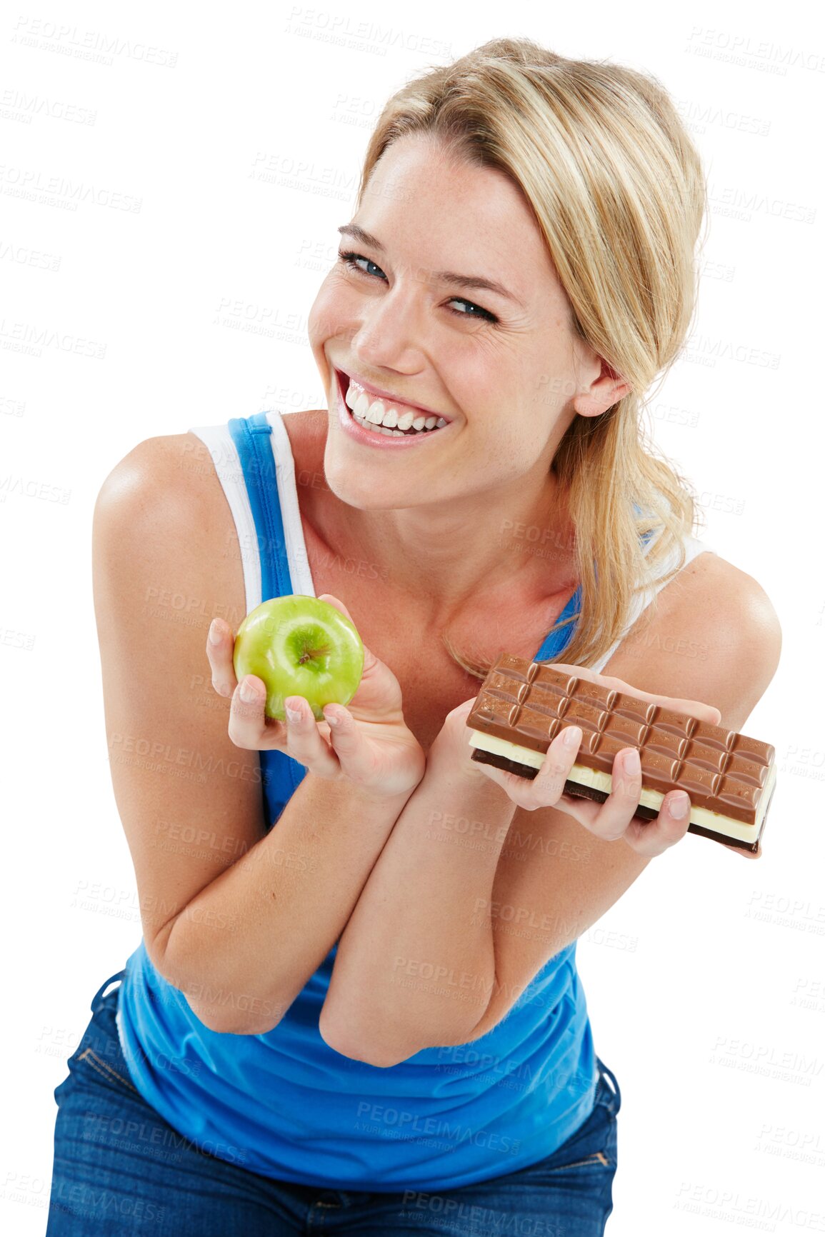 Buy stock photo Decide, portrait and happy woman with an apple and chocolate for diet or sweet snack or dessert. Nutrition, choose and young female model with candy and fruit isolated by transparent png background.