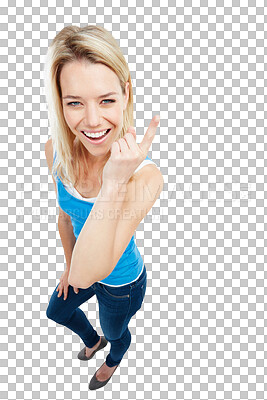 Buy stock photo Pointing, high angle and portrait of a woman with a smile for success, achievement or winning. Happy, winner and excited and full body of a young female model isolated by transparent png background.