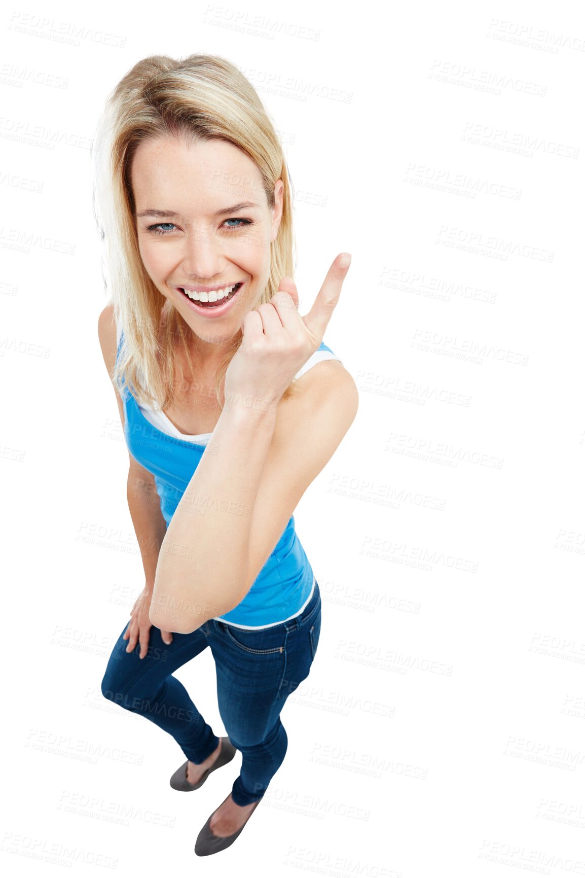 Buy stock photo Pointing, high angle and portrait of a woman with a smile for success, achievement or winning. Happy, winner and excited and full body of a young female model isolated by transparent png background.