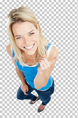 Buy stock photo Happy, pointing up and woman portrait with a smile isolated on a transparent, png background. Above, emoji and hand gesture of a young female person with finger showing promo deal and announcement