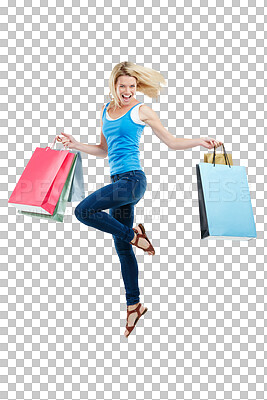 Buy stock photo Shopping bag, fashion and portrait of woman jump on isolated, png and transparent background. Retail deal, promotion and excited female person celebrate for sale, discount and bargain for clothes