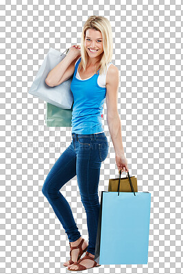 Buy stock photo Shopping bag, fashion and portrait of woman with smile on isolated, png and transparent background. Retail, buying and happy female person with bags for sale, discount and bargain for clothes store