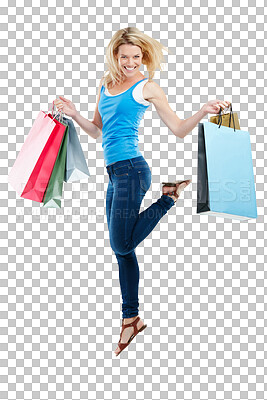 Buy stock photo Shopping, fashion and portrait of woman jump on isolated, png and transparent background. Retail mall, happiness and excited, happy female person celebrate sale, discount or bargain for clothes store