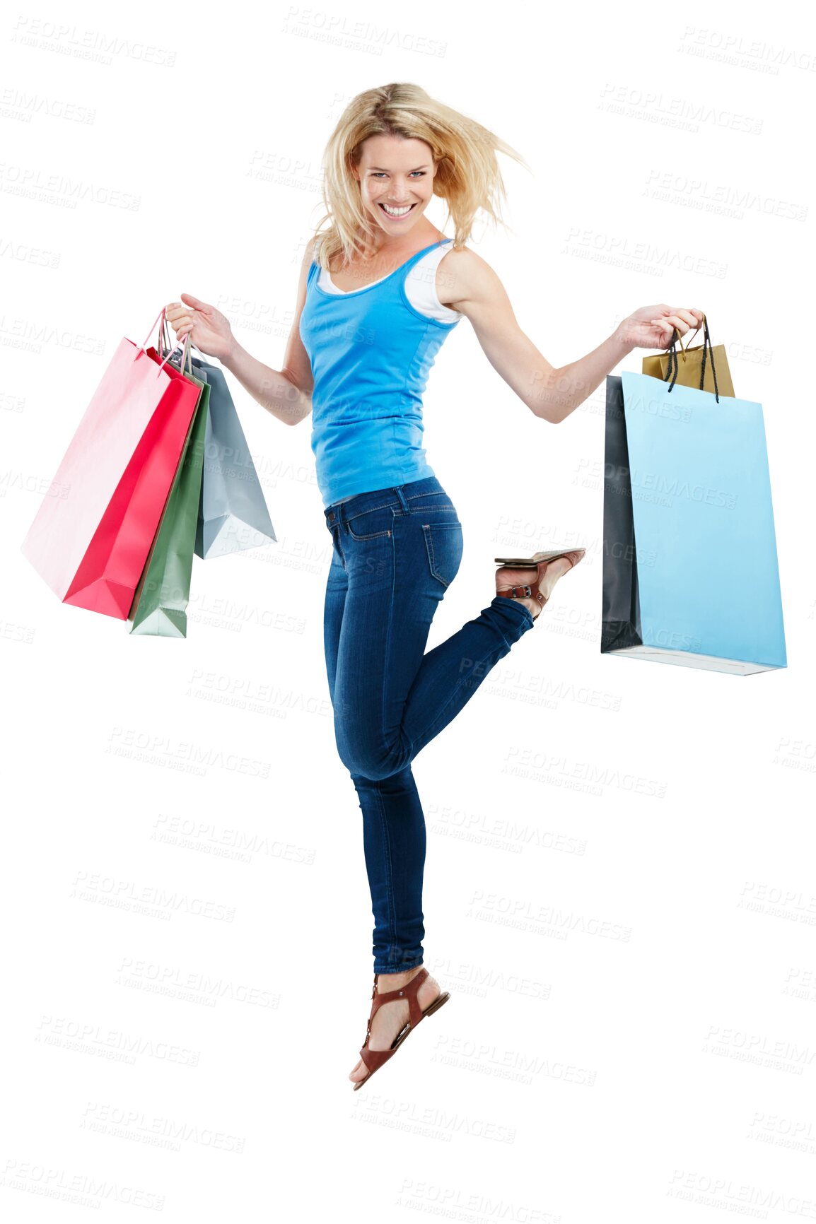 Buy stock photo Shopping, fashion and portrait of woman jump on isolated, png and transparent background. Retail mall, happiness and excited, happy female person celebrate sale, discount or bargain for clothes store