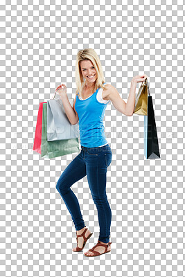 Buy stock photo Shopping, fashion and portrait of woman with bag on isolated, png and transparent background. Retail mall, buying and happy female person excited for sale, discount and bargain for clothes store