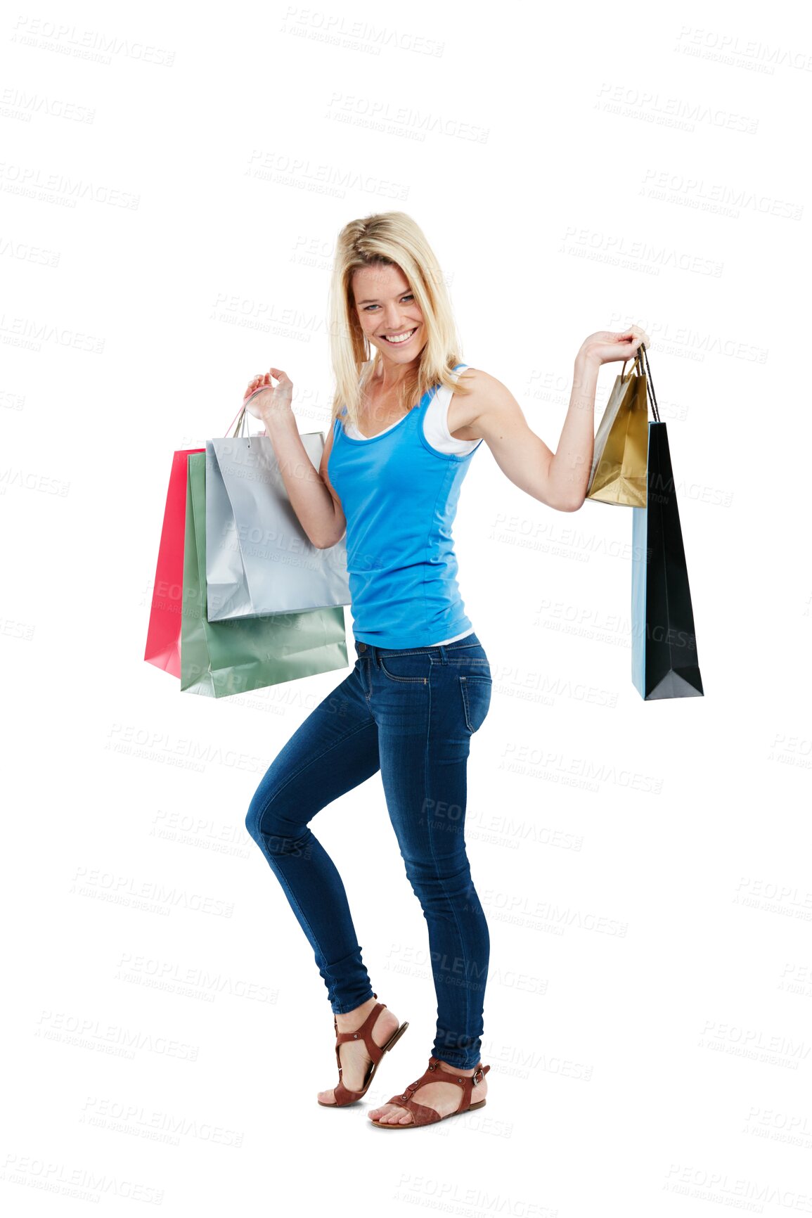 Buy stock photo Shopping, fashion and portrait of woman with bag on isolated, png and transparent background. Retail mall, buying and happy female person excited for sale, discount and bargain for clothes store