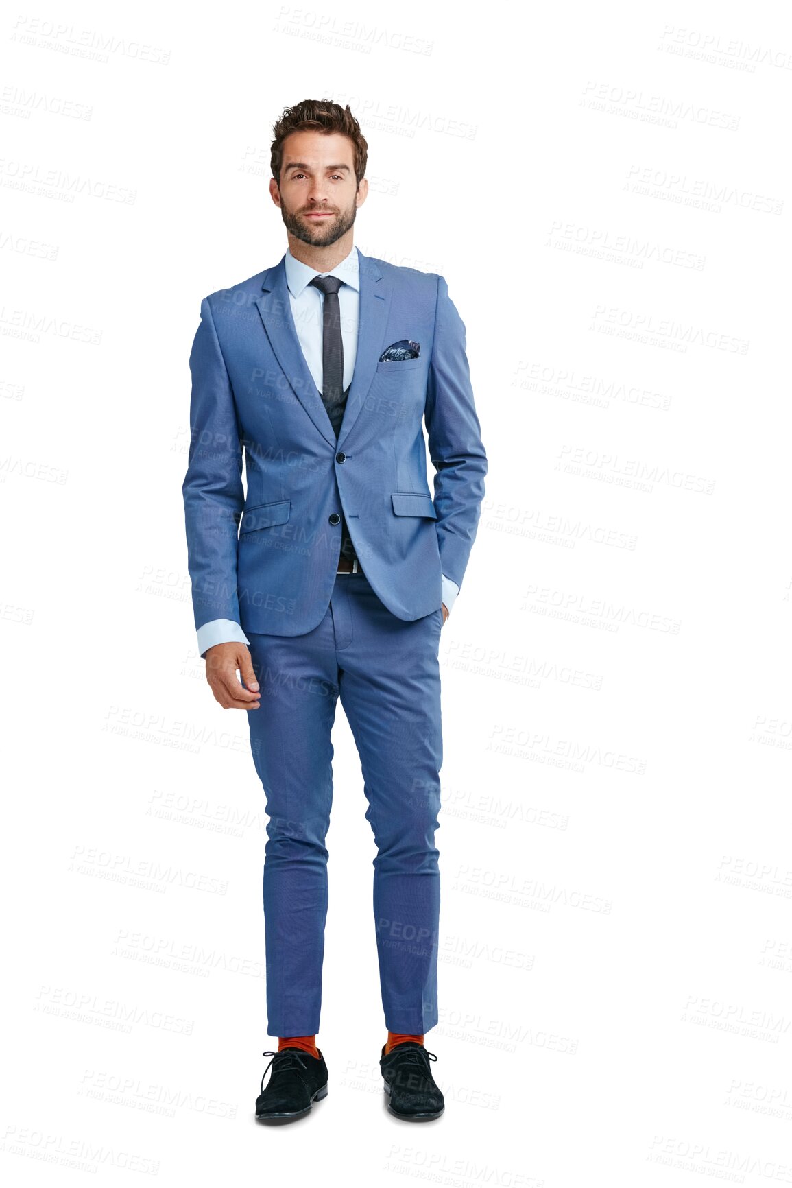 Buy stock photo Suit, portrait or businessman with fashion or classy clothes isolated on transparent png background. Full body, handsome rich entrepreneur or confident formal guy in blue elegant tuxedo with ambition