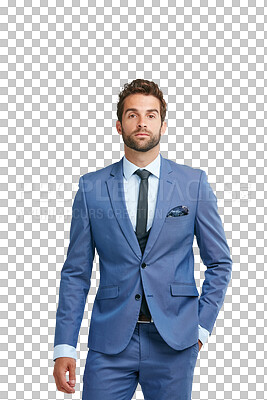 Buy stock photo Suit, portrait or businessman with fashion or elegant clothes isolated on transparent png background. Face, handsome rich entrepreneur or confident formal guy in blue classy tuxedo with ambition 