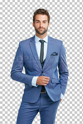 Buy stock photo Suit, portrait or businessman with fashion or formal clothes isolated on transparent png background. Face, handsome rich entrepreneur or confident classy modern salesman in blue elegant tuxedo alone