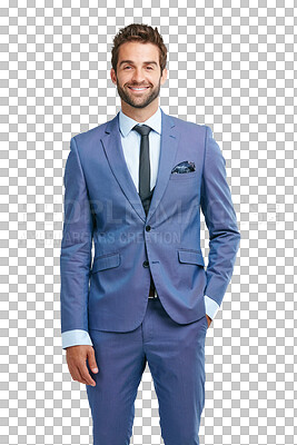 Buy stock photo Suit, portrait or happy businessman with fashion or classy clothes isolated on transparent png background. Smile, handsome rich entrepreneur or confident guy in blue elegant tuxedo with ambition 