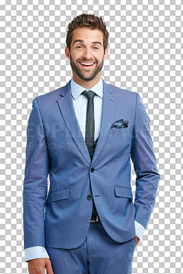 Buy stock photo Suit, portrait or excited businessman with fashion or classy clothes isolated on transparent png background. Smile, happy rich entrepreneur or confident person in blue elegant tuxedo with ambition