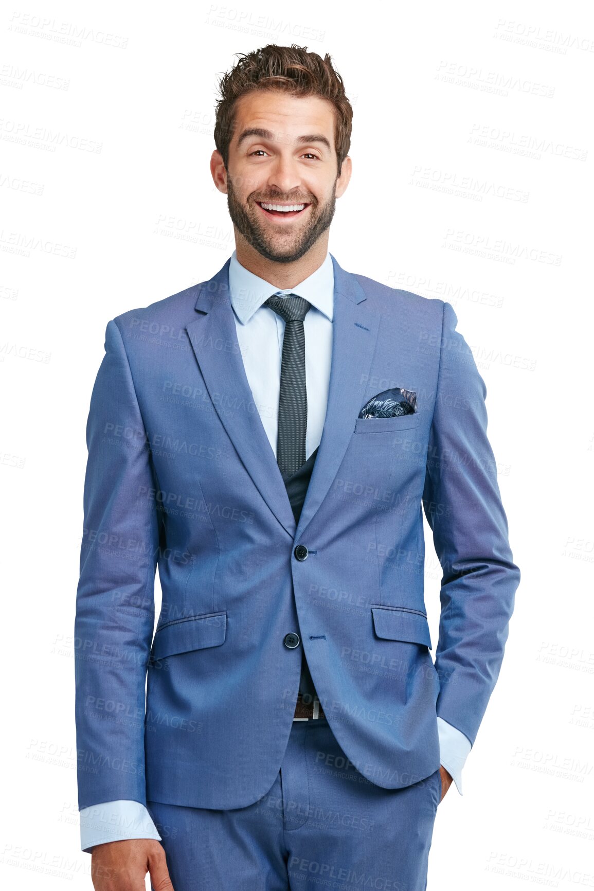 Buy stock photo Suit, portrait or excited businessman with fashion or classy clothes isolated on transparent png background. Smile, happy rich entrepreneur or confident person in blue elegant tuxedo with ambition