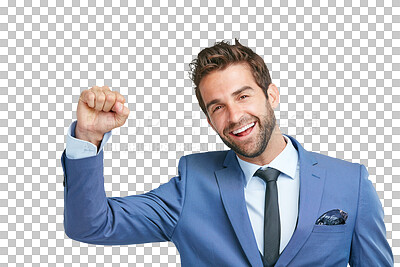 Buy stock photo Fist pump, portrait of a businessman celebrating and smile isolated against a transparent png background. Achievement or success, winner or victory and male accountant celebrating for good news