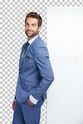 Buy stock photo Businessman, smile portrait and poster or banner mockup for advertising, fashion or announcement. Male person with blank board, billboard or brand logo space isolated on a transparent, png background