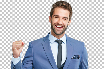 Buy stock photo Stock market, portrait or excited businessman in celebration of deal isolated on transparent png background. Financial, winner or happy accountant celebrating good news, target or success with smile