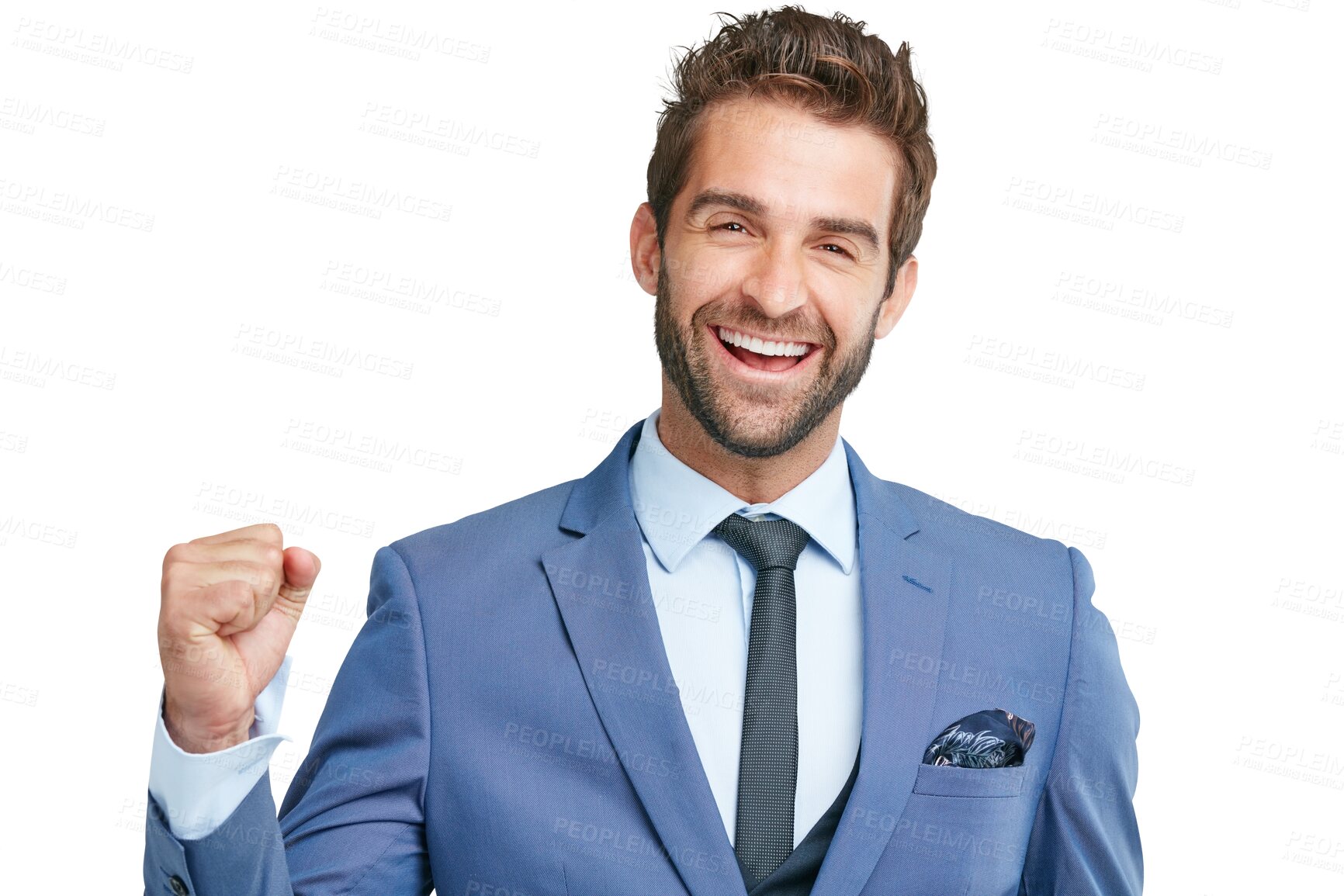 Buy stock photo Stock market, portrait or excited businessman in celebration of deal isolated on transparent png background. Financial, winner or happy accountant celebrating good news, target or success with smile