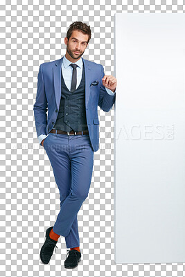 Buy stock photo Fashion, businessman and portrait with poster or banner mockup advertising or announcement. Happy male person with blank board, billboard or brand logo space isolated on a transparent, png background