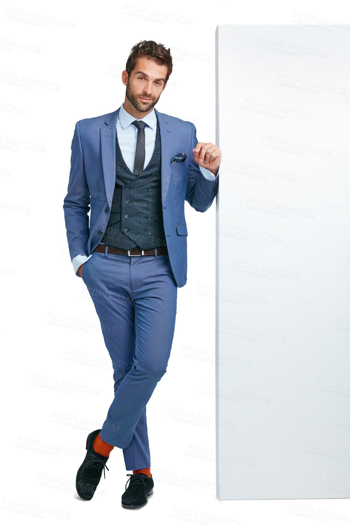 Buy stock photo Fashion, businessman and portrait with poster or banner mockup advertising or announcement. Happy male person with blank board, billboard or brand logo space isolated on a transparent, png background