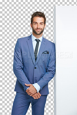 Buy stock photo Portrait, business and man leaning against a wall, professional and consultant isolated on a transparent background. Male person, ceo and employee in a suit, career and png with executive and formal