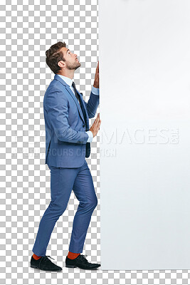 Buy stock photo Moving, power or businessman pushing wall with fear isolated on transparent png background. Manager, barrier or entrepreneur walking to push heavy problem, challenge or trouble with physical effort 