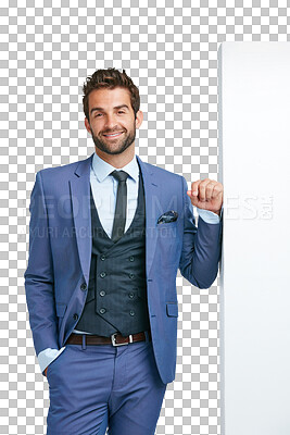 Buy stock photo Business man, portrait and blank banner space or mockup for advertising announcement. Happy person with board, sign and poster for brand or logo isolated on a transparent, png background for fashion