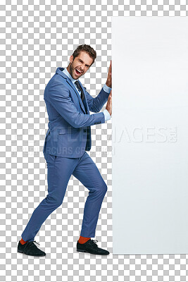 Buy stock photo Moving, portrait or businessman pushing wall with power isolated on transparent png background. Worker, suit or entrepreneur walking to move heavy problem, challenge or barrier with physical effort