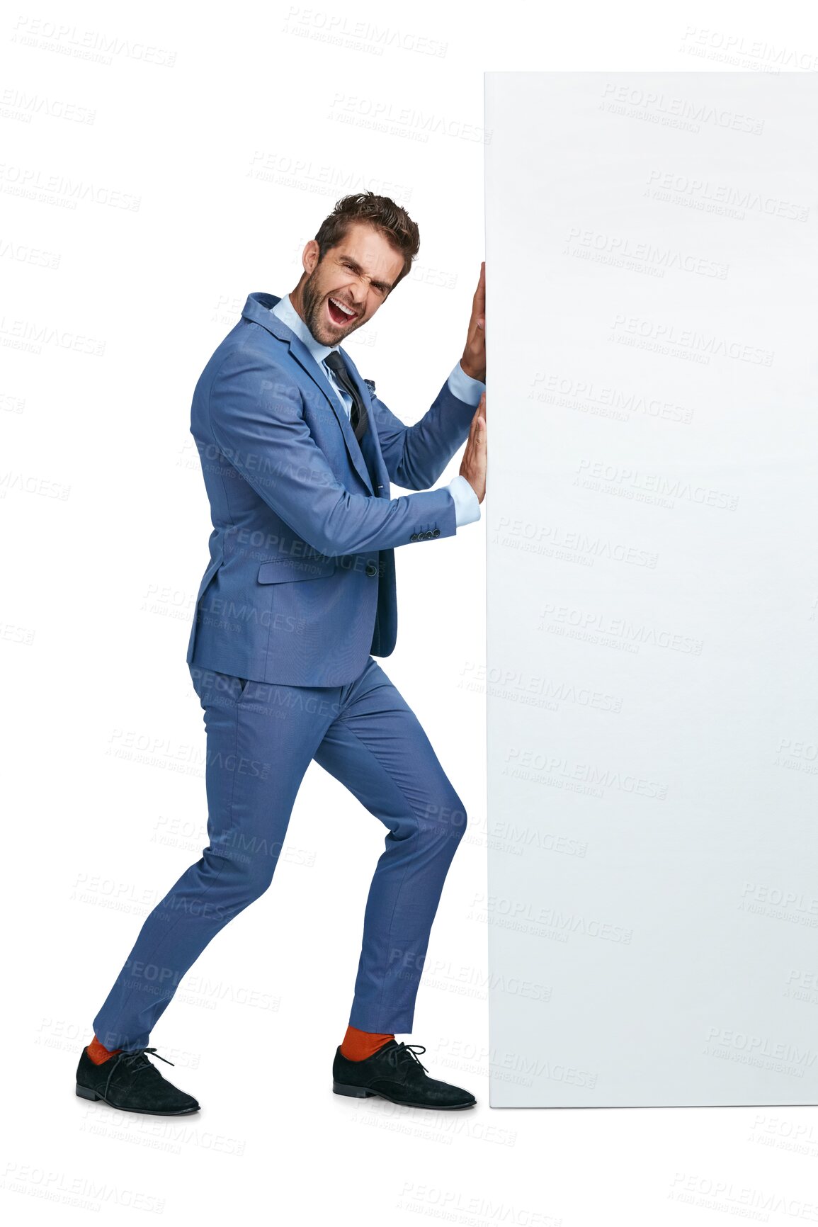 Buy stock photo Moving, portrait or businessman pushing wall with power isolated on transparent png background. Worker, suit or entrepreneur walking to move heavy problem, challenge or barrier with physical effort