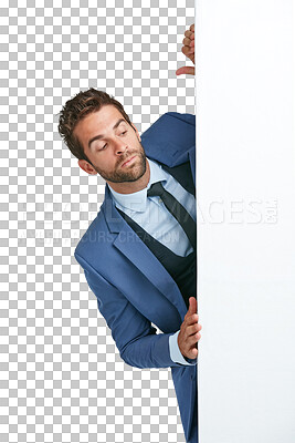 Buy stock photo Man, peeking and behind poster or banner mockup for advertising announcement. Curious person or spy at blank board, billboard or coming soon brand logo space isolated on transparent, png background