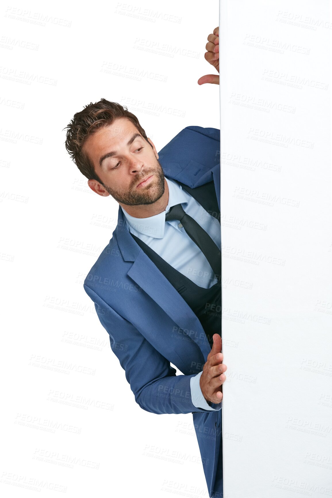 Buy stock photo Man, peeking and behind poster or banner mockup for advertising announcement. Curious person or spy at blank board, billboard or coming soon brand logo space isolated on transparent, png background