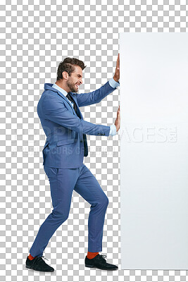 Buy stock photo Moving, struggle or businessman pushing wall with power isolated on transparent png background. Worker, suit or entrepreneur walking to move heavy problem, challenge or barrier with physical effort