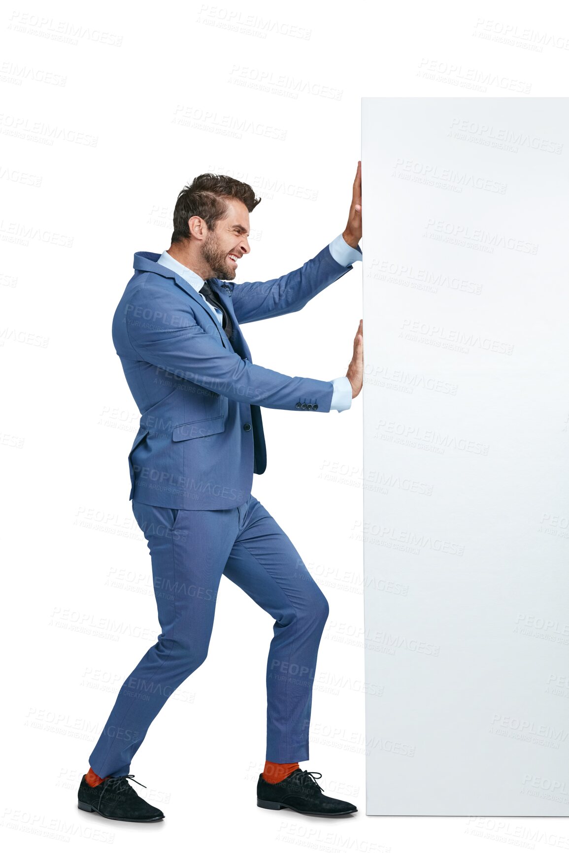 Buy stock photo Moving, struggle or businessman pushing wall with power isolated on transparent png background. Worker, suit or entrepreneur walking to move heavy problem, challenge or barrier with physical effort