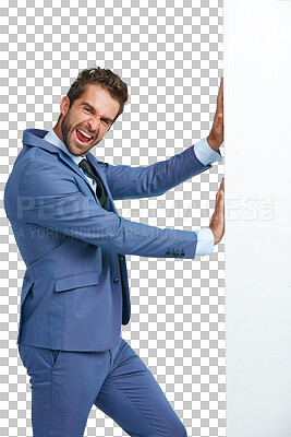 Buy stock photo Struggle, portrait or businessman pushing wall with power isolated on transparent png background. Worker, face or entrepreneur walking to move heavy problem, challenge or barrier with physical effort