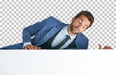 Buy stock photo Billboard, poster and man looking down at advertising for news or announcement on wall. Climbing, reading and professional person with blank sign for brand logo isolated on transparent png background