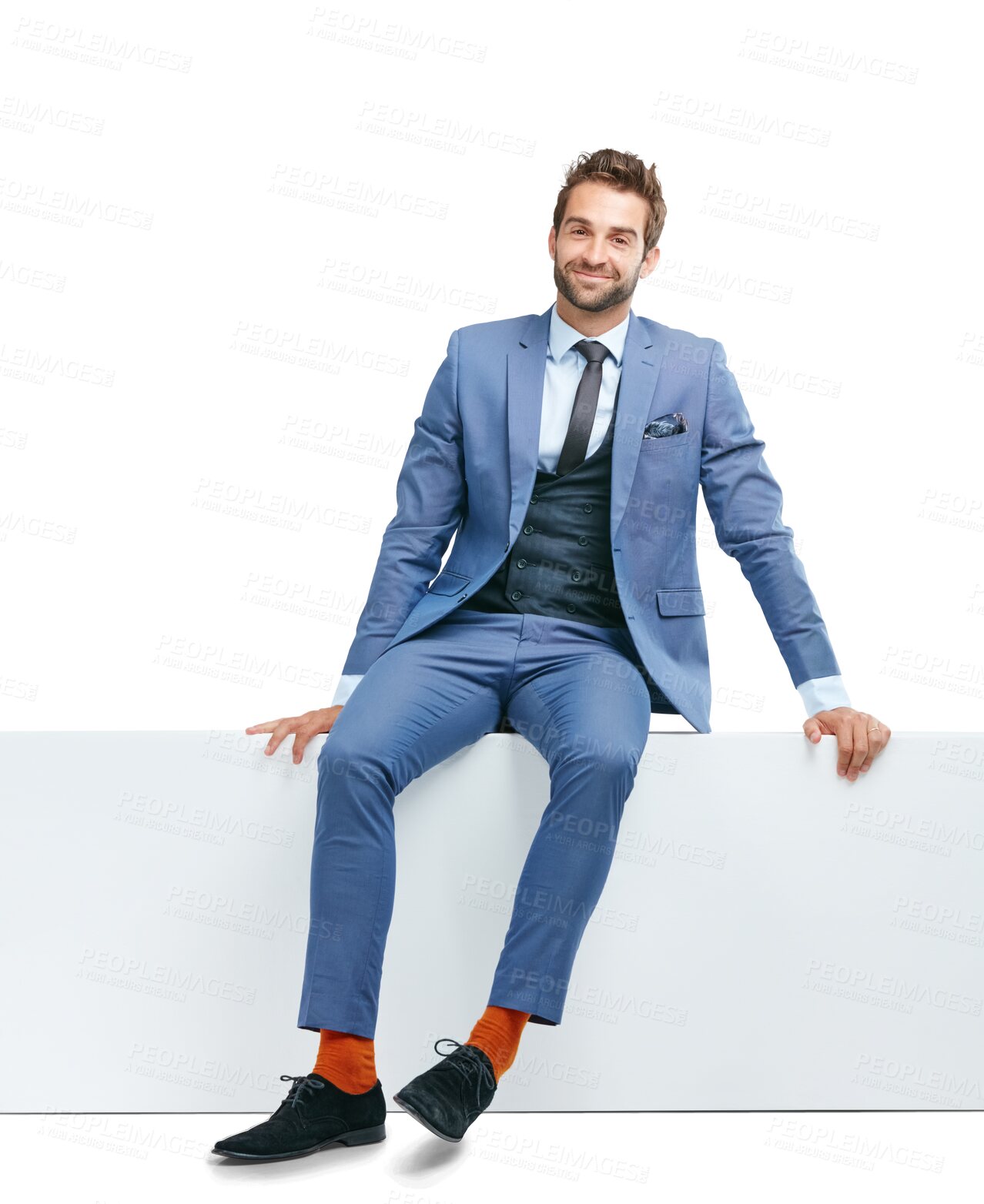 Buy stock photo Portrait, mockup or businessman with board for advertising for job opportunity, news or announcement. Banner, space or happy entrepreneur with a marketing sign isolated on transparent png background
