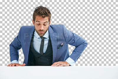 Buy stock photo Business man, poster and looking down at advertising for job opportunity, news and announcement on wall. Climbing, reading and professional person in corporate isolated on transparent png background