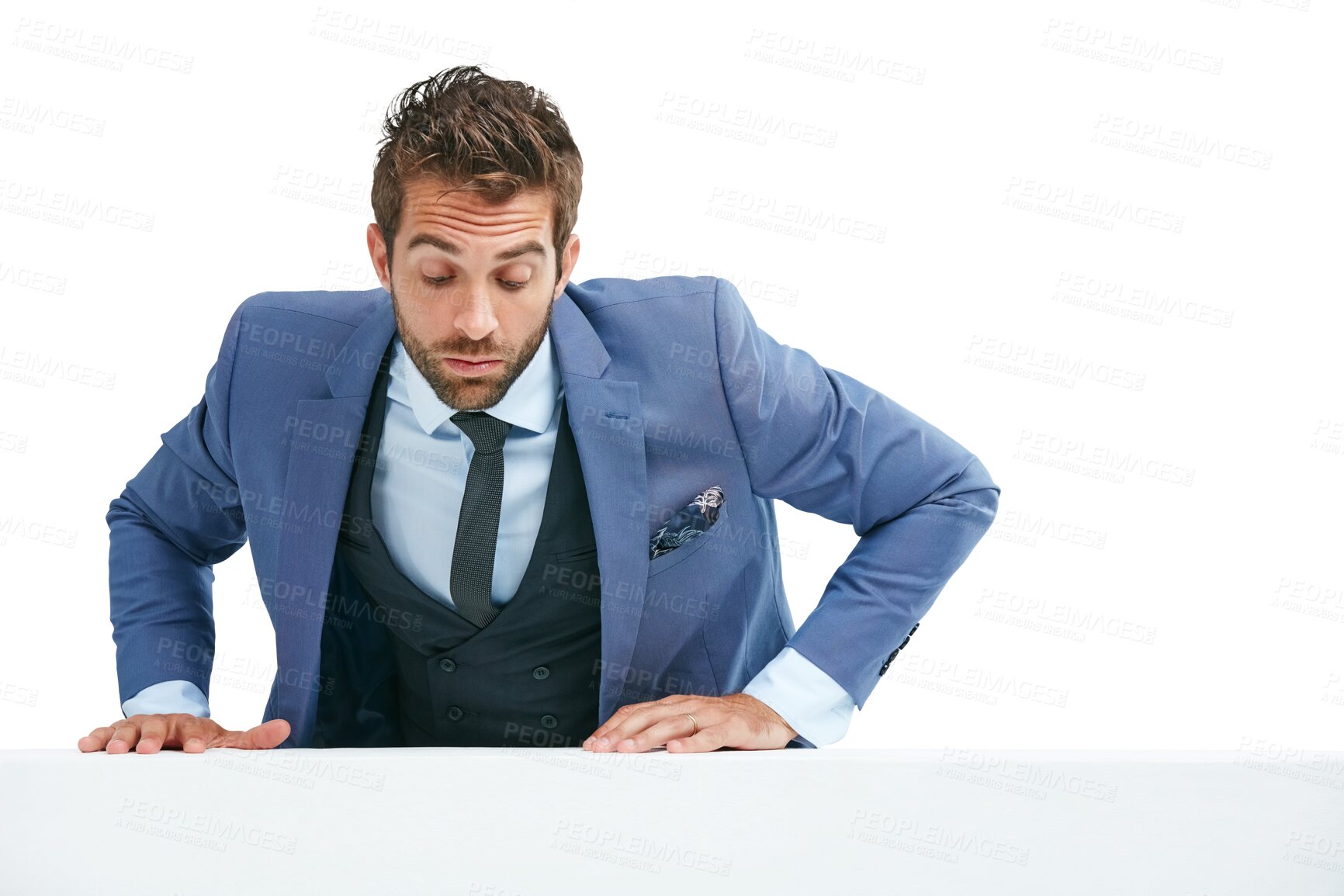 Buy stock photo Business man, poster and looking down at advertising for job opportunity, news and announcement on wall. Climbing, reading and professional person in corporate isolated on transparent png background